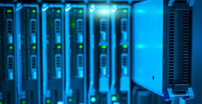 Detailed view of a server rack with a focus on technology and data storage.